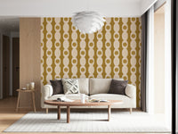 Bold oval pattern wallpaper adding a dynamic retro aesthetic.
