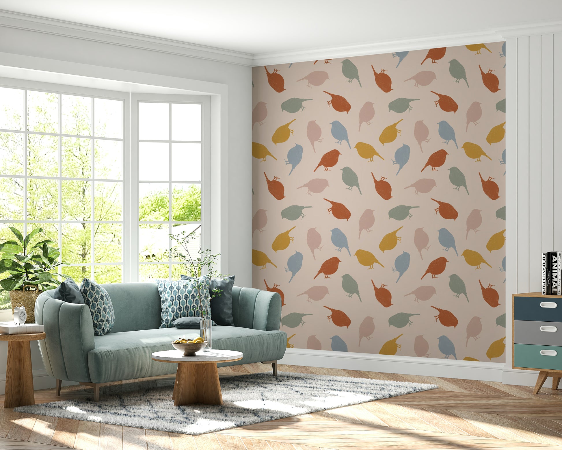 Delicate songbirds mural with floral accents and a gentle, airy design.