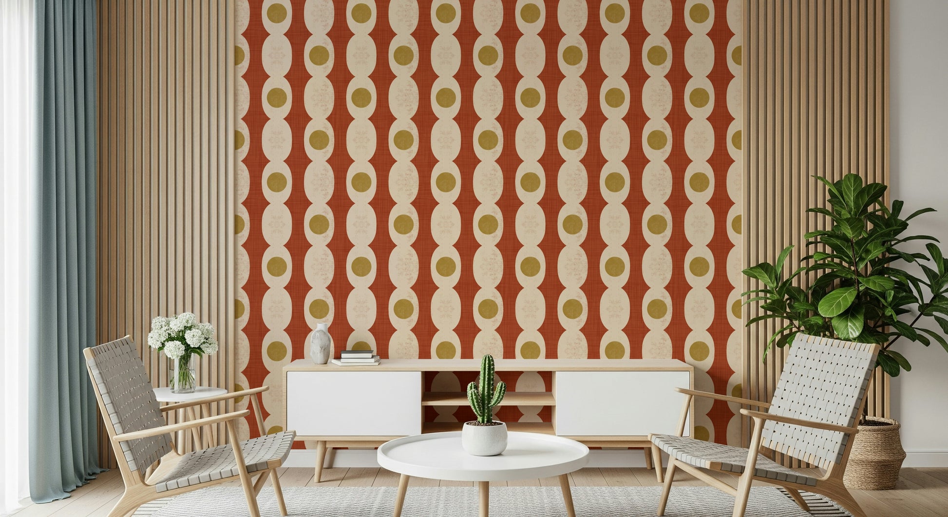 Nostalgic rings mural with bold curves and vintage-inspired colors.