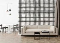 Textured rustic grid lines wallpaper for cozy, farmhouse-style interiors.