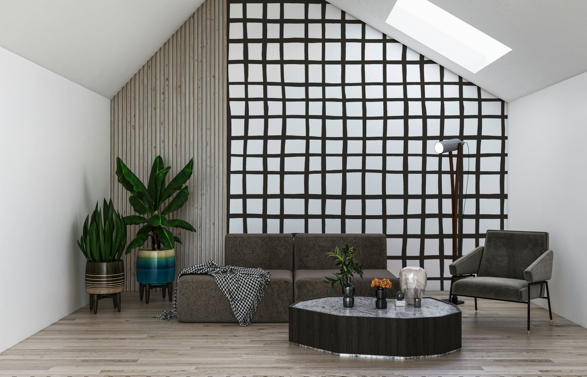 Rustic grid pattern wallpaper perfect for farmhouse, cottage, or organic décor.