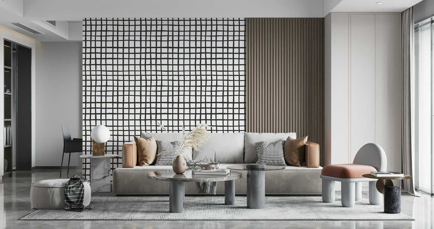 Rustic-style grid pattern wallpaper adding a natural, handcrafted feel.