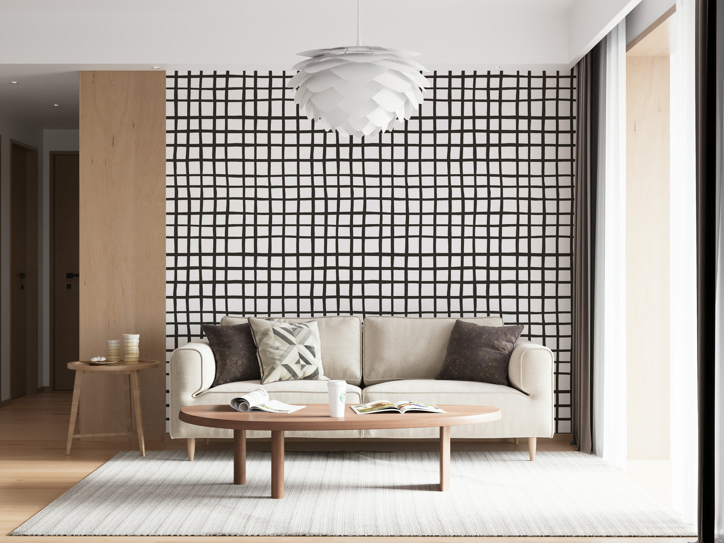 Earthy rustic grid line mural giving walls a warm, organic aesthetic.