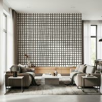 Hand-drawn rustic grid lines mural with subtle texture and earthy hues.