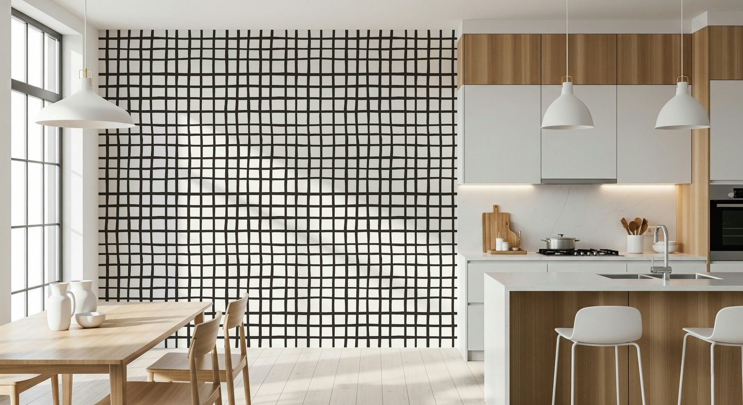 Rustic linear grid wallpaper creating a warm, natural interior style.