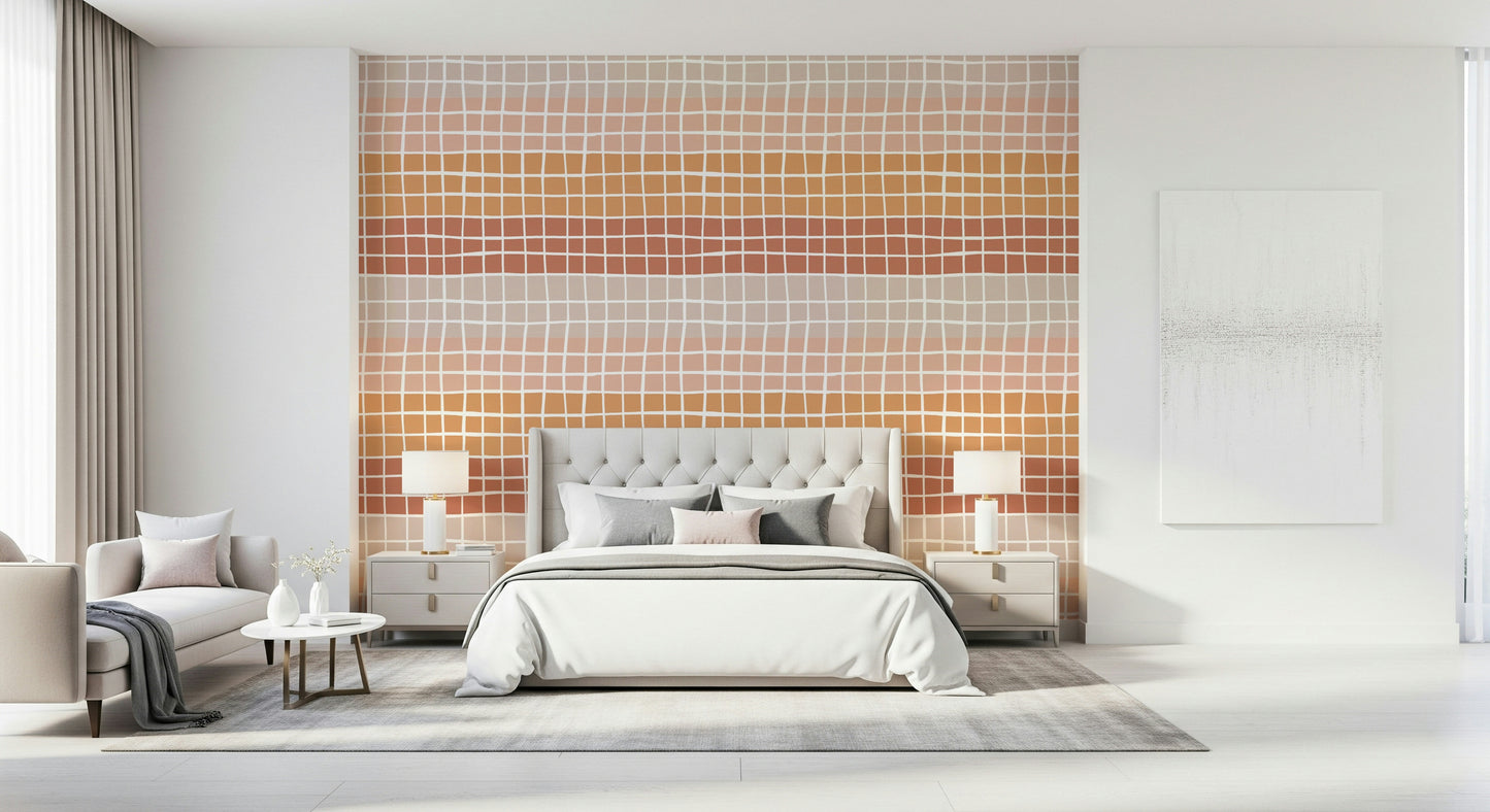 A soft gradient earthy squares wallpaper featuring hand-drawn grid lines in warm terracotta and beige tones.