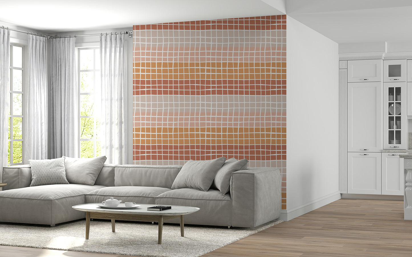 A modern earthy squares wallpaper with uneven grid lines blending warm pink, peach, and brown tones.