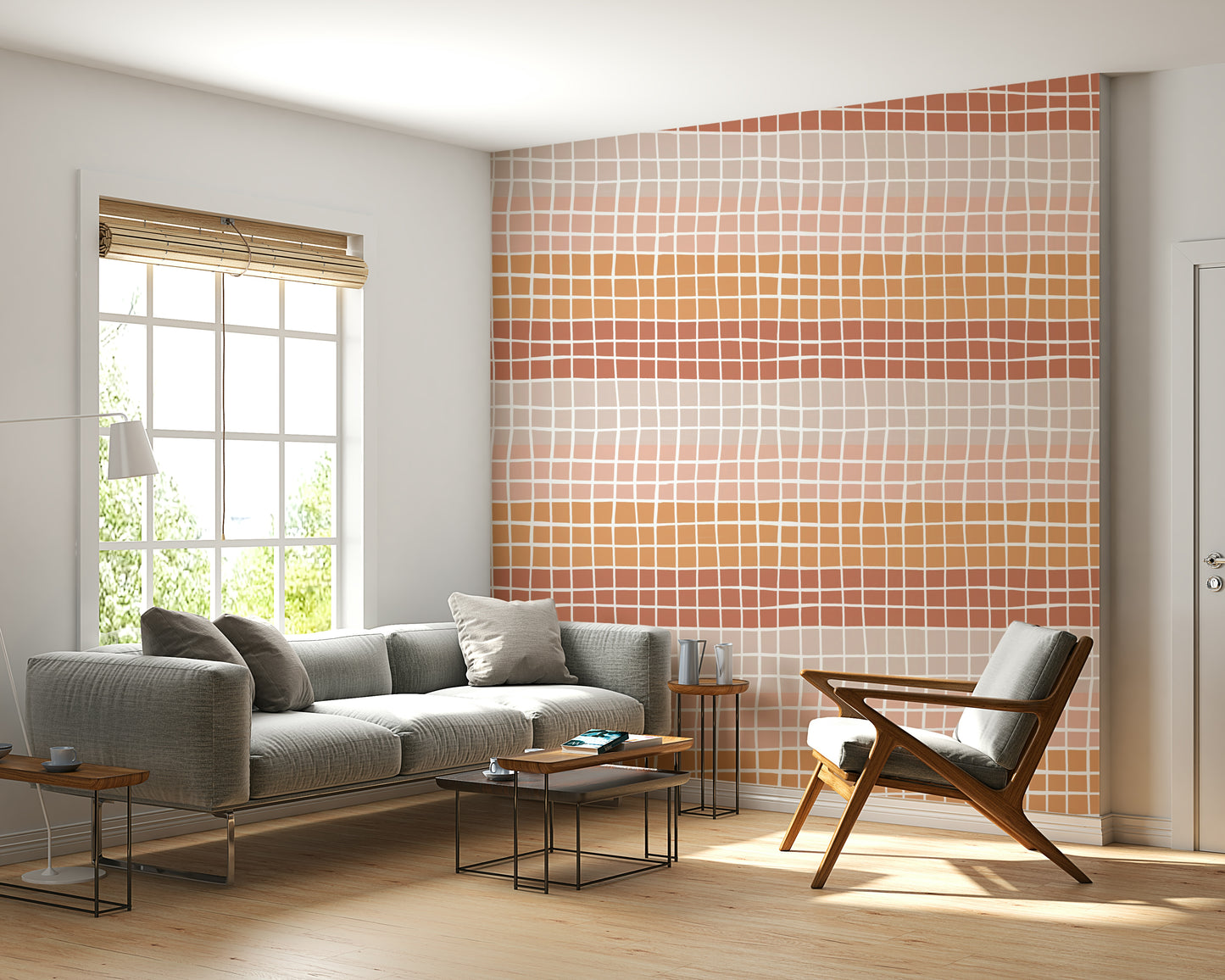 A minimal geometric wallpaper with irregular squares transitioning through warm earthy hues.