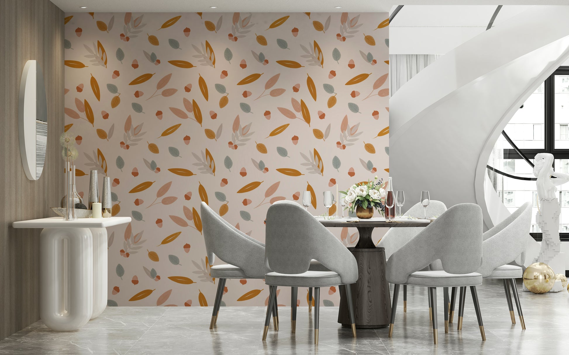 A whimsical fall wallpaper patterned with tiny acorns and airy leaves for a soft natural look.