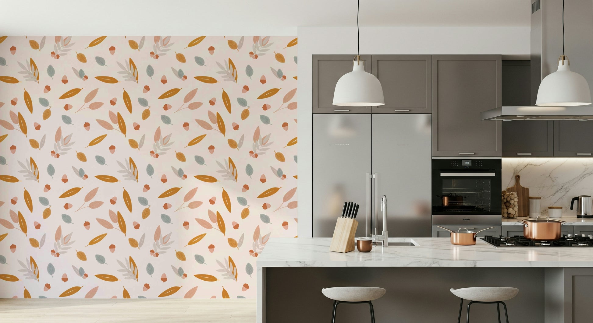 Playful acorn motifs and pastel leaves forming a light, airy autumn wallpaper design.