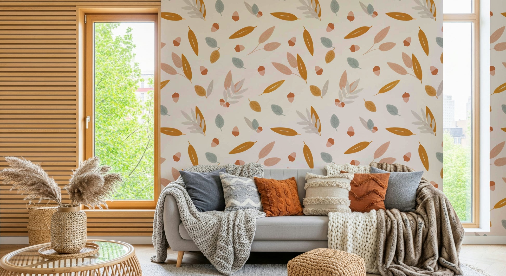 A nature-themed wallpaper with hand-drawn acorns and leaves in muted fall shades.
