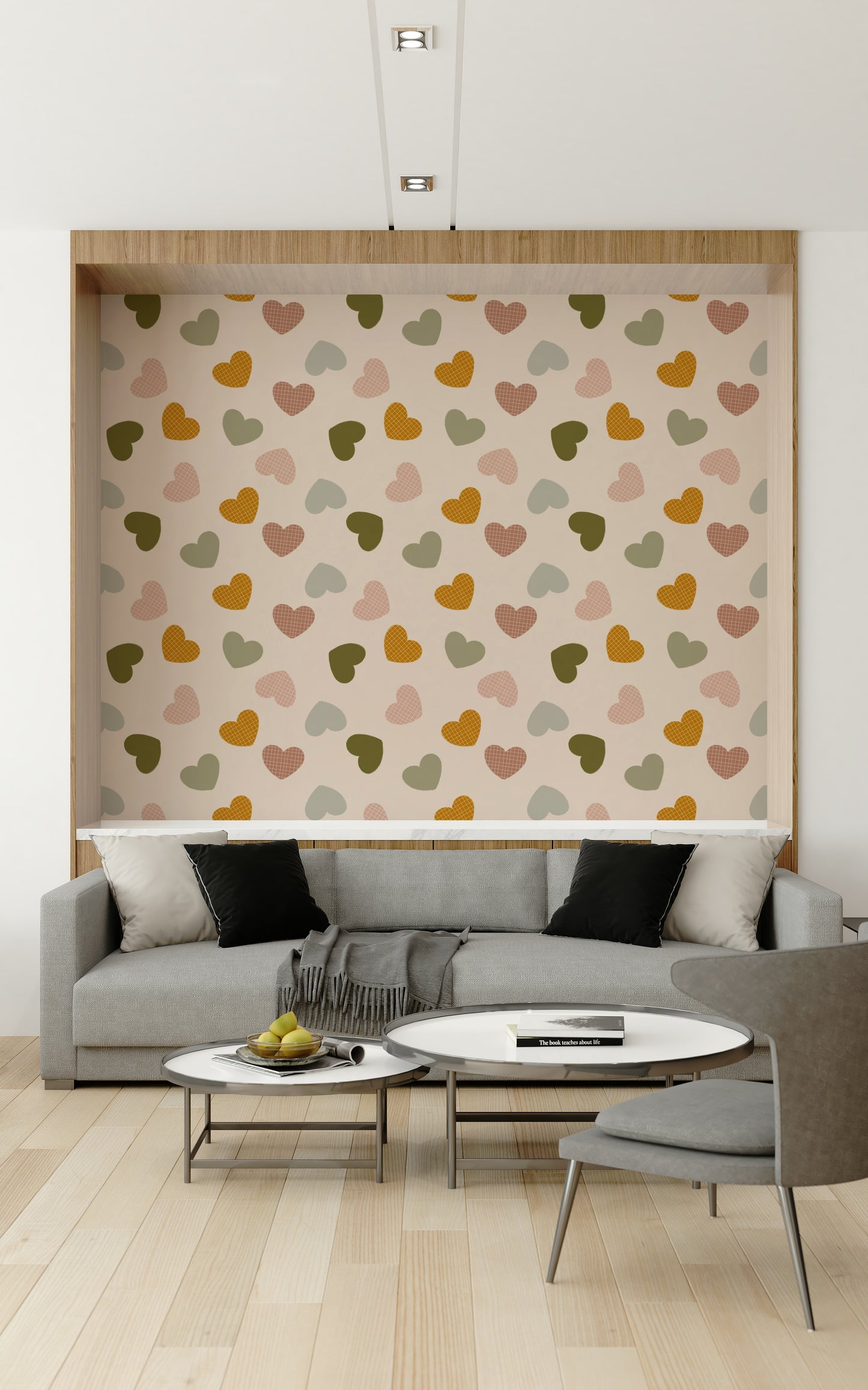 Warm-toned heart motifs dispersed across a neutral background in this heart-themed wallpaper.