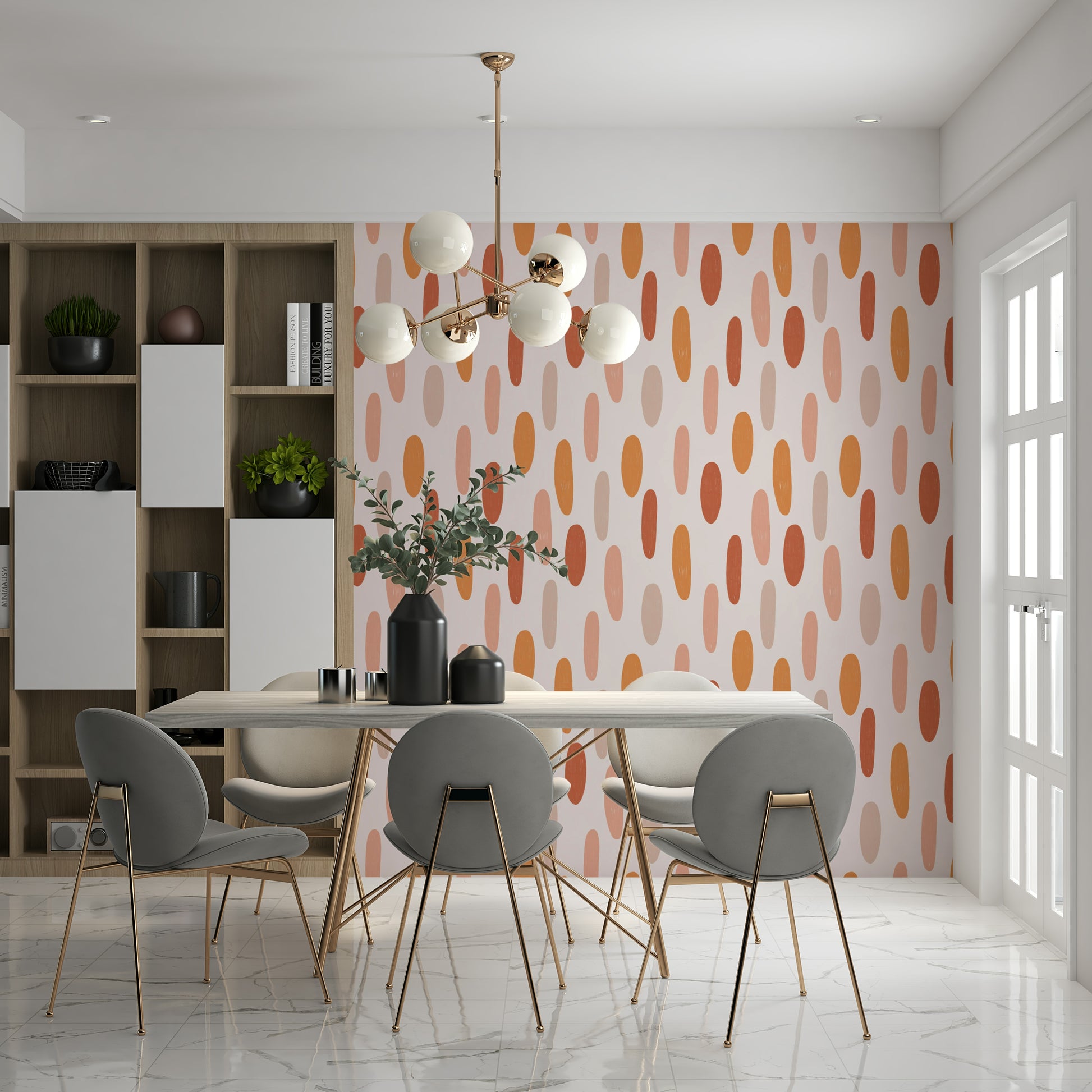 A calming wallpaper with scattered terracotta dashes in earthy orange, peach, and clay tones.