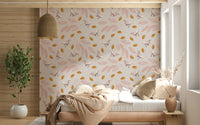 A charming birds and leaves wallpaper with airy foliage and minimal golden leaf details.