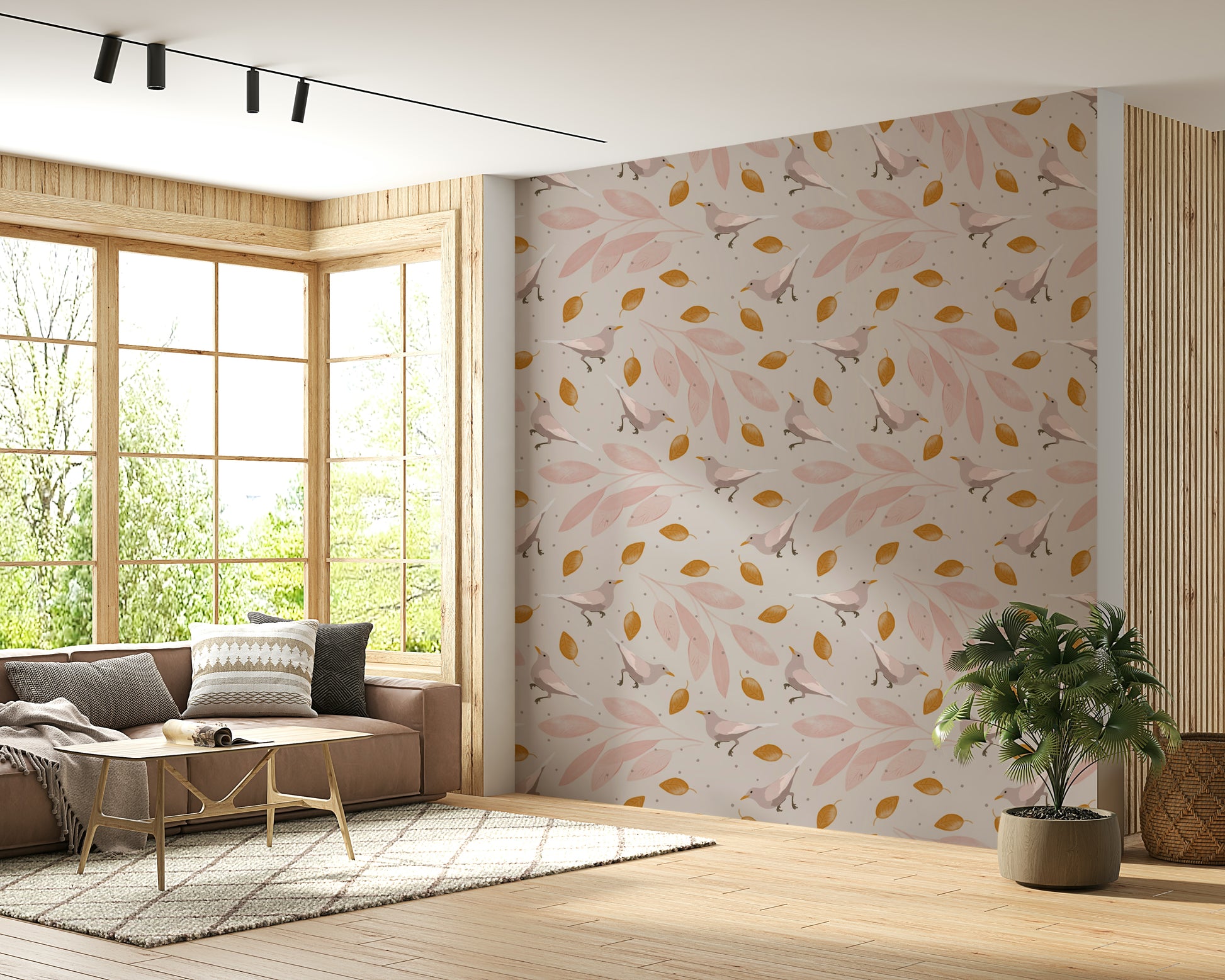 A delicate wallpaper pattern with graceful birds and blush-toned leaves scattered across a neutral backdrop.