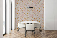 Pastel birds and pink leaves arranged in a repeating pattern for a soothing botanical wallpaper design.
