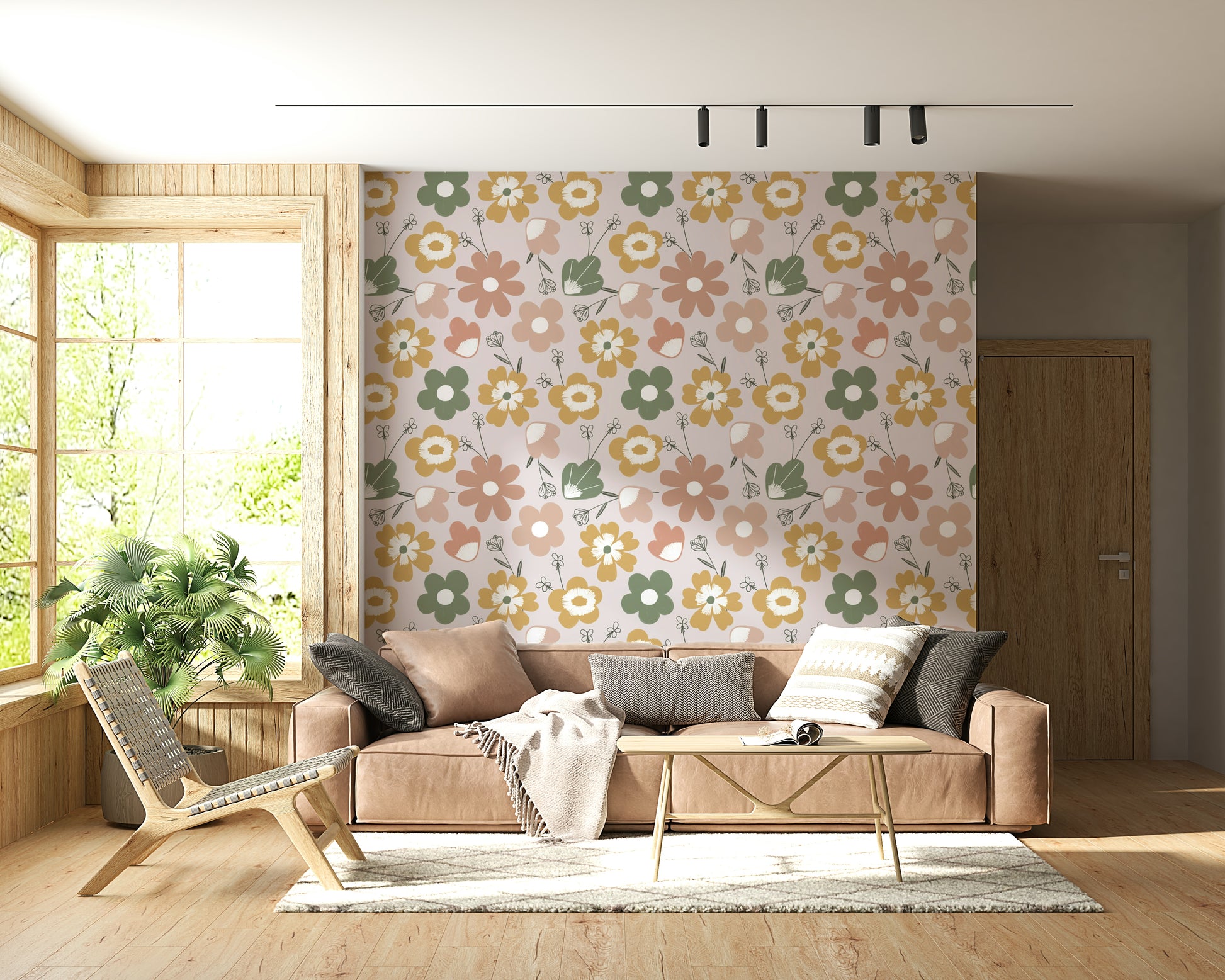A playful boho floral wallpaper featuring oversized daisy-like shapes in gentle retro colors.