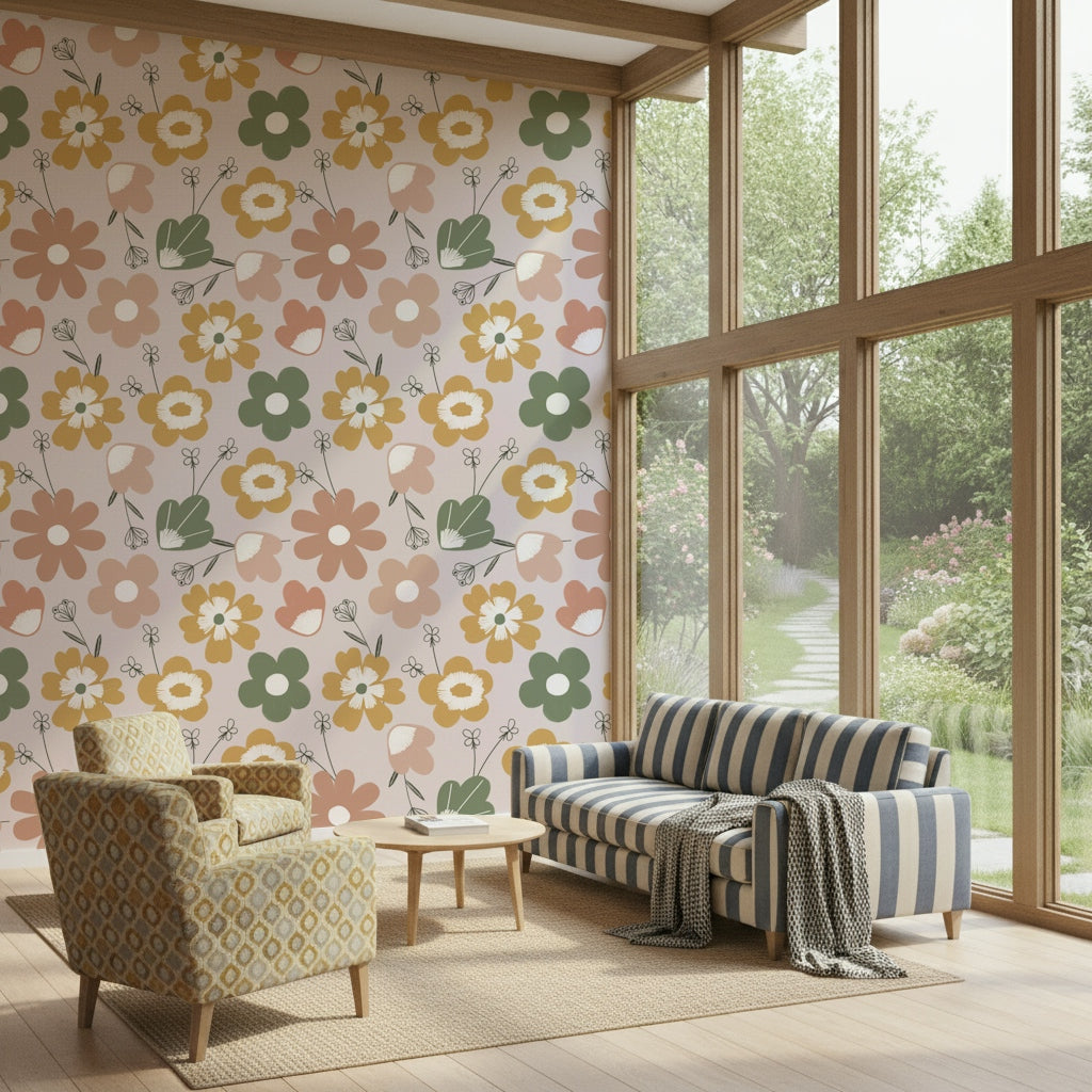 Pastel blooms and soft earthy florals creating a relaxed bohemian wallpaper design.
