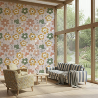 Pastel blooms and soft earthy florals creating a relaxed bohemian wallpaper design.