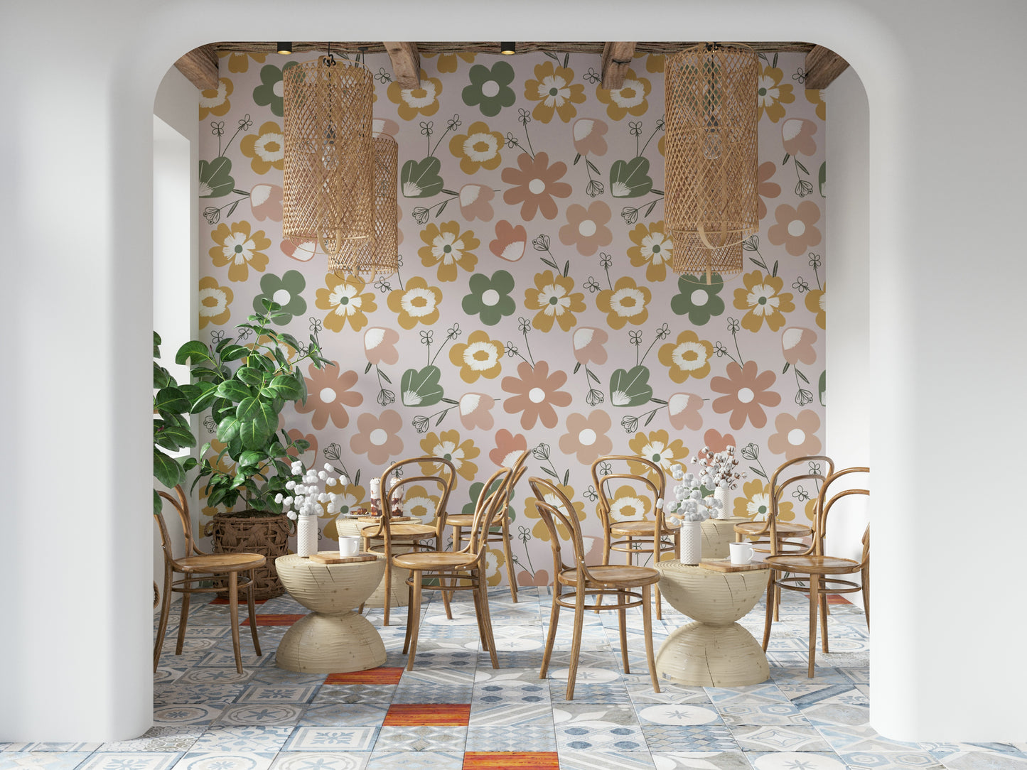 A boho blooms wallpaper featuring large retro-style flowers in muted green, mustard, and blush tones.