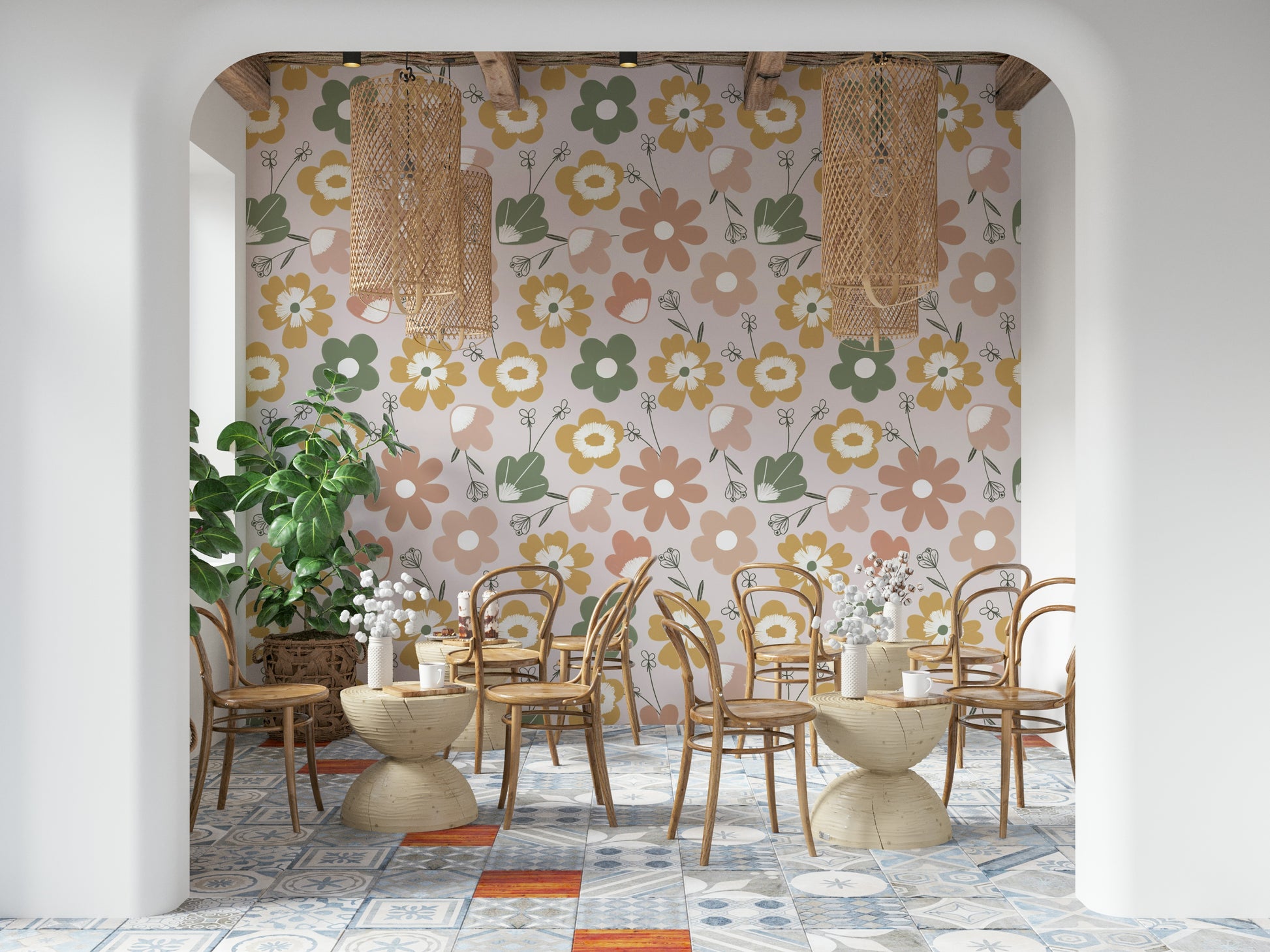 A boho blooms wallpaper featuring large retro-style flowers in muted green, mustard, and blush tones.