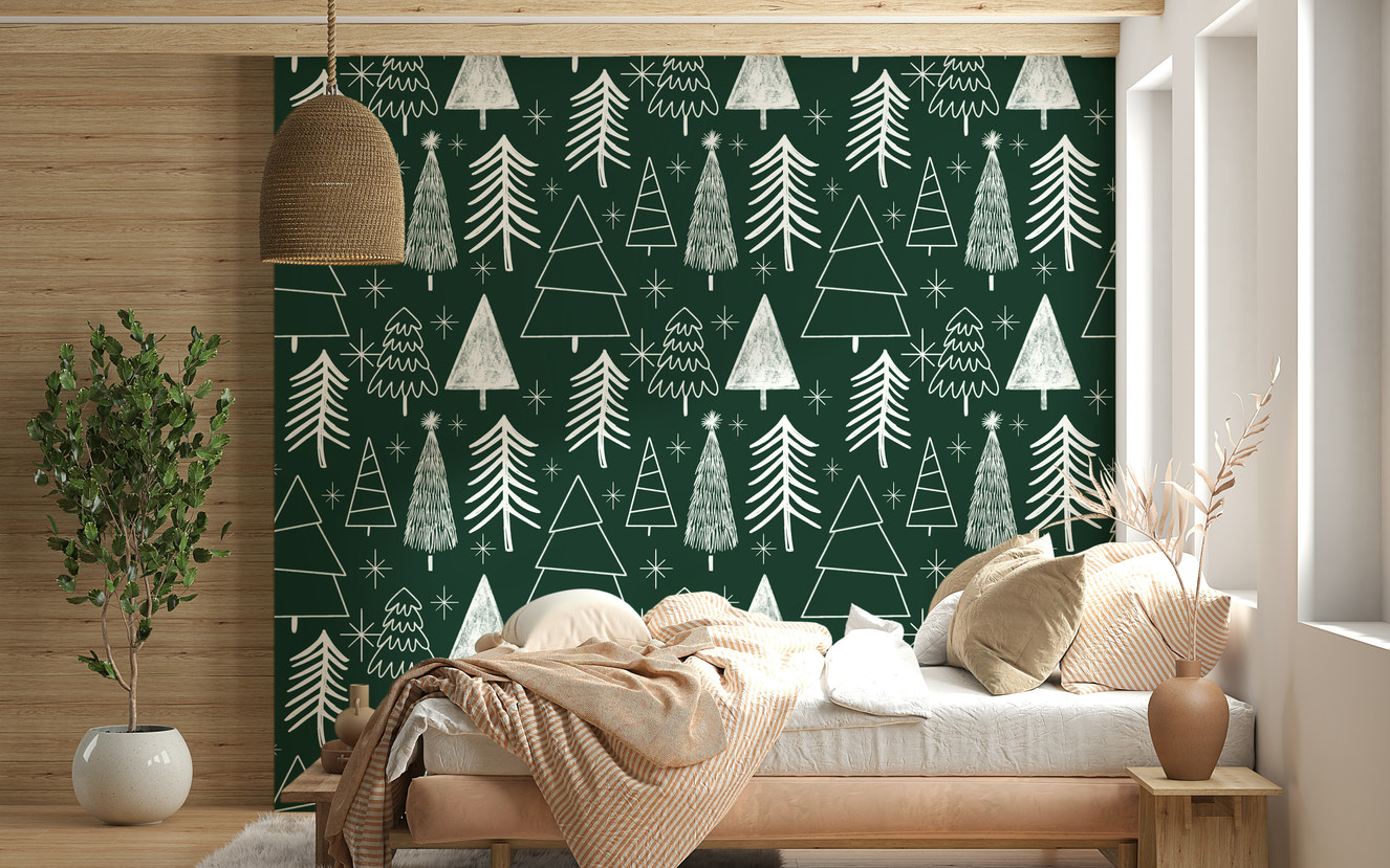 A festive evergreen wallpaper featuring hand-drawn Christmas trees on a dark green background with star accents.