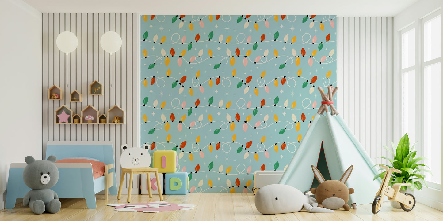 A charming wallpaper featuring colorful string lights and star patterns for a joyful seasonal look.