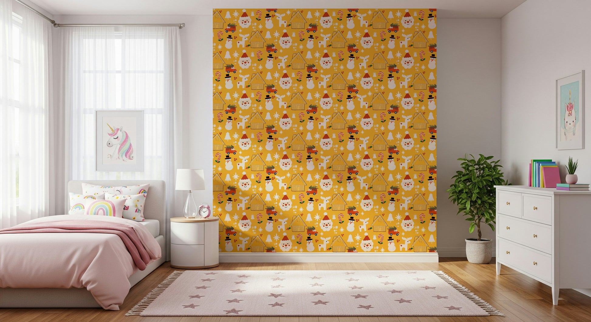 A bright yellow wallpaper filled with charming festive icons like Santa faces and snowy cottages.