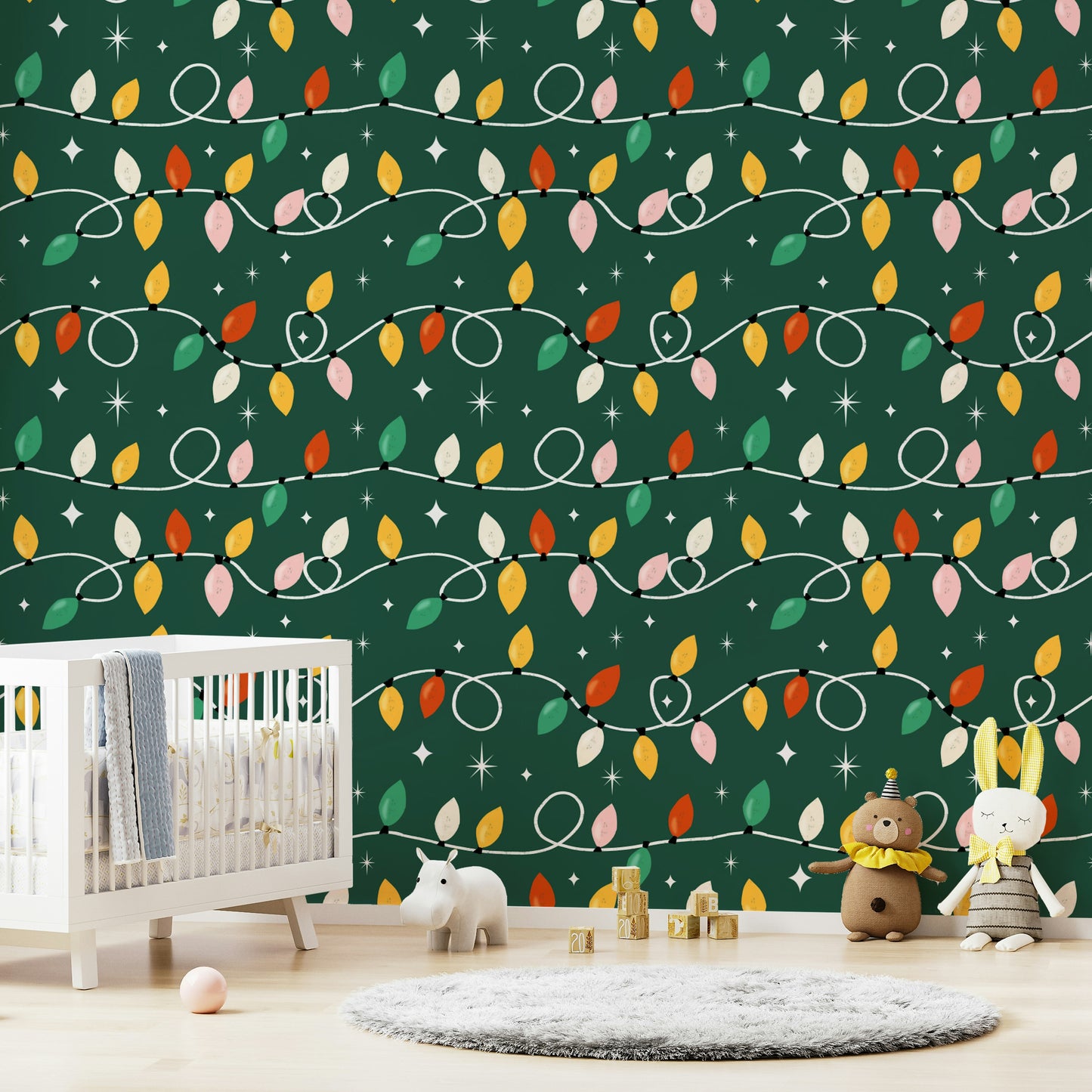 A charming Christmas wallpaper with looping strings of colorful retro-style lights.