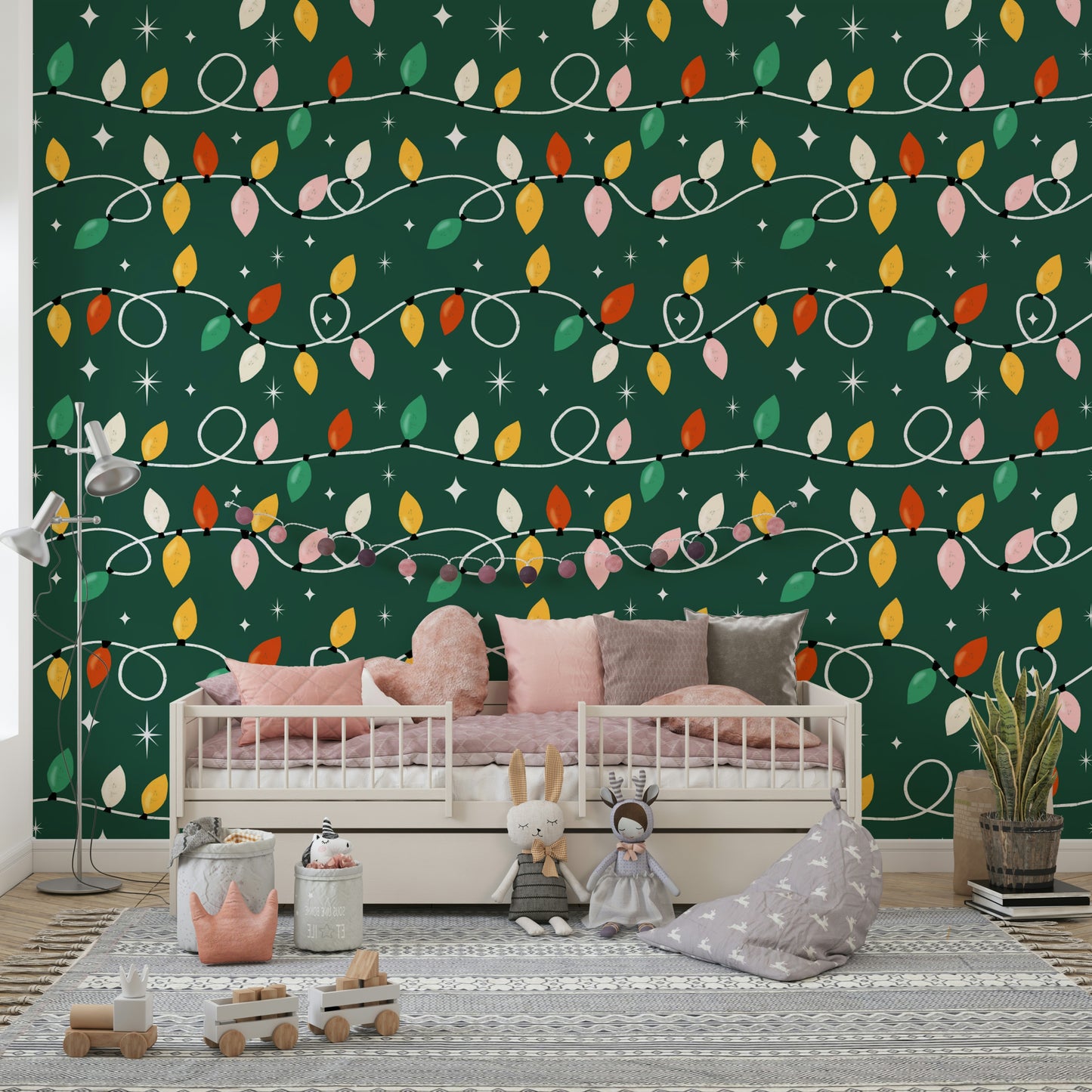 A playful wallpaper decorated with multicolored festive bulbs arranged in wavy, looping strings.