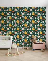 Bright festive wallpaper with cozy cabins, jolly Santa faces, classic candy canes, and snowmen.