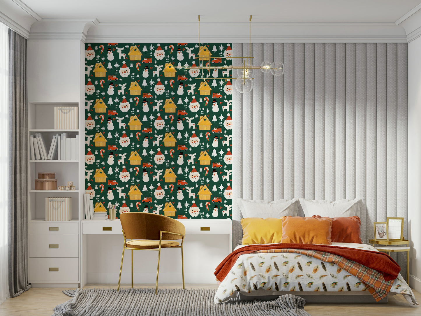 A festive Christmas wallpaper featuring Santa faces, reindeer, snowmen, and cozy cabins on a green background.