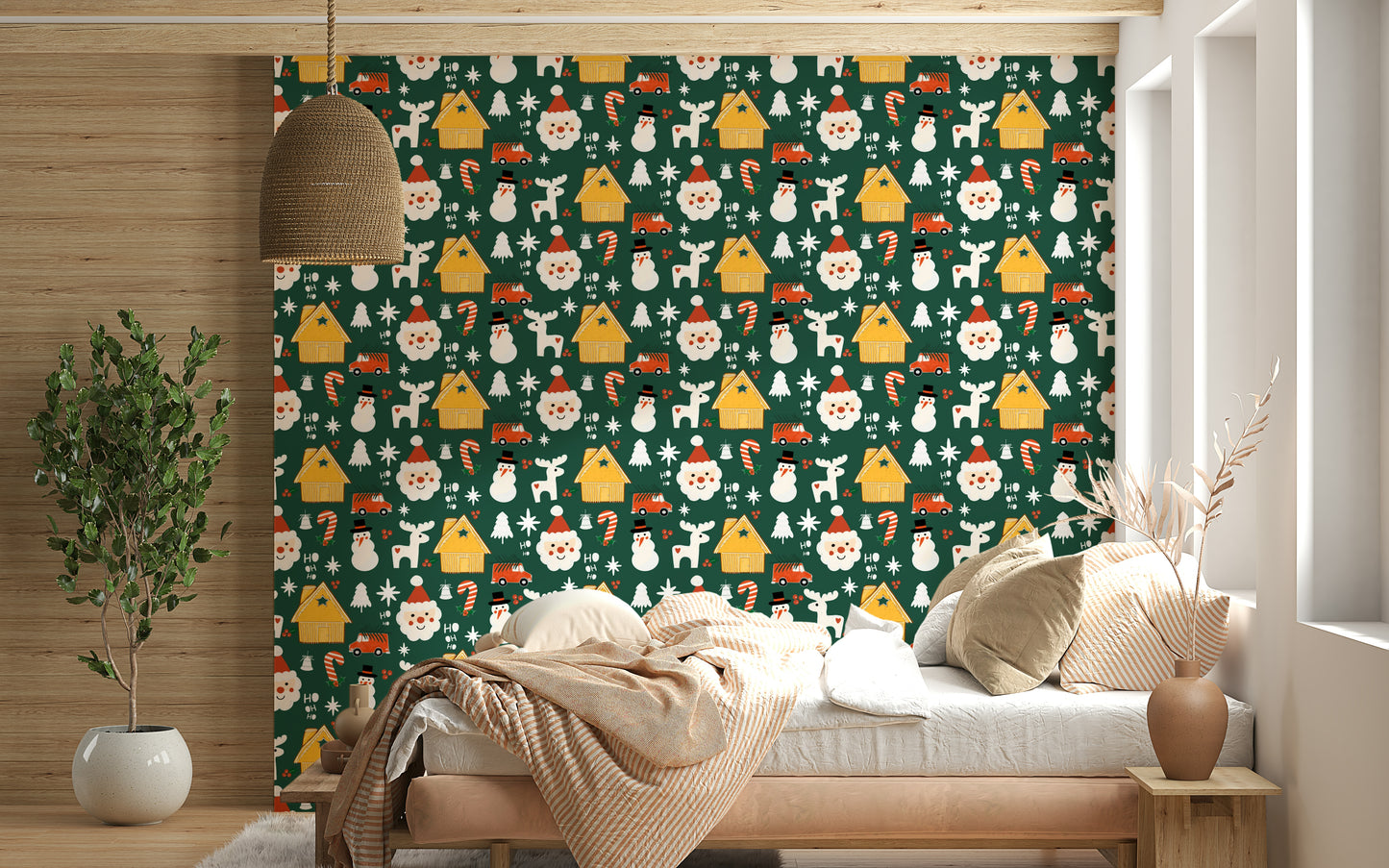 A joyful Christmas wallpaper filled with festive characters like Santa, snowmen, and reindeer.