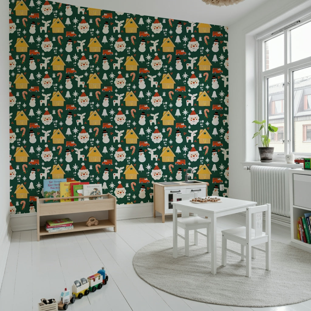 Whimsical holiday wallpaper featuring cabins, candy canes, Santa faces, and seasonal icons on green.