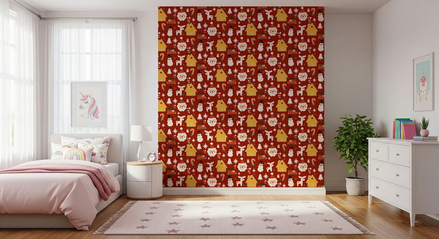 Retro holiday wallpaper filled with whimsical Christmas symbols arranged in a seamless repeating pattern.
