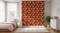 Retro holiday wallpaper filled with whimsical Christmas symbols arranged in a seamless repeating pattern.