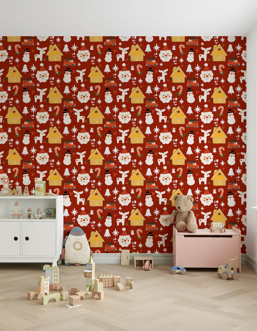A charming vintage Christmas wallpaper with warm red tones and playful festive illustrations.