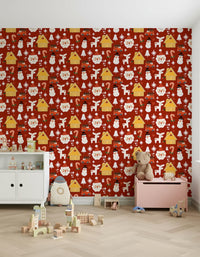 A charming vintage Christmas wallpaper with warm red tones and playful festive illustrations.