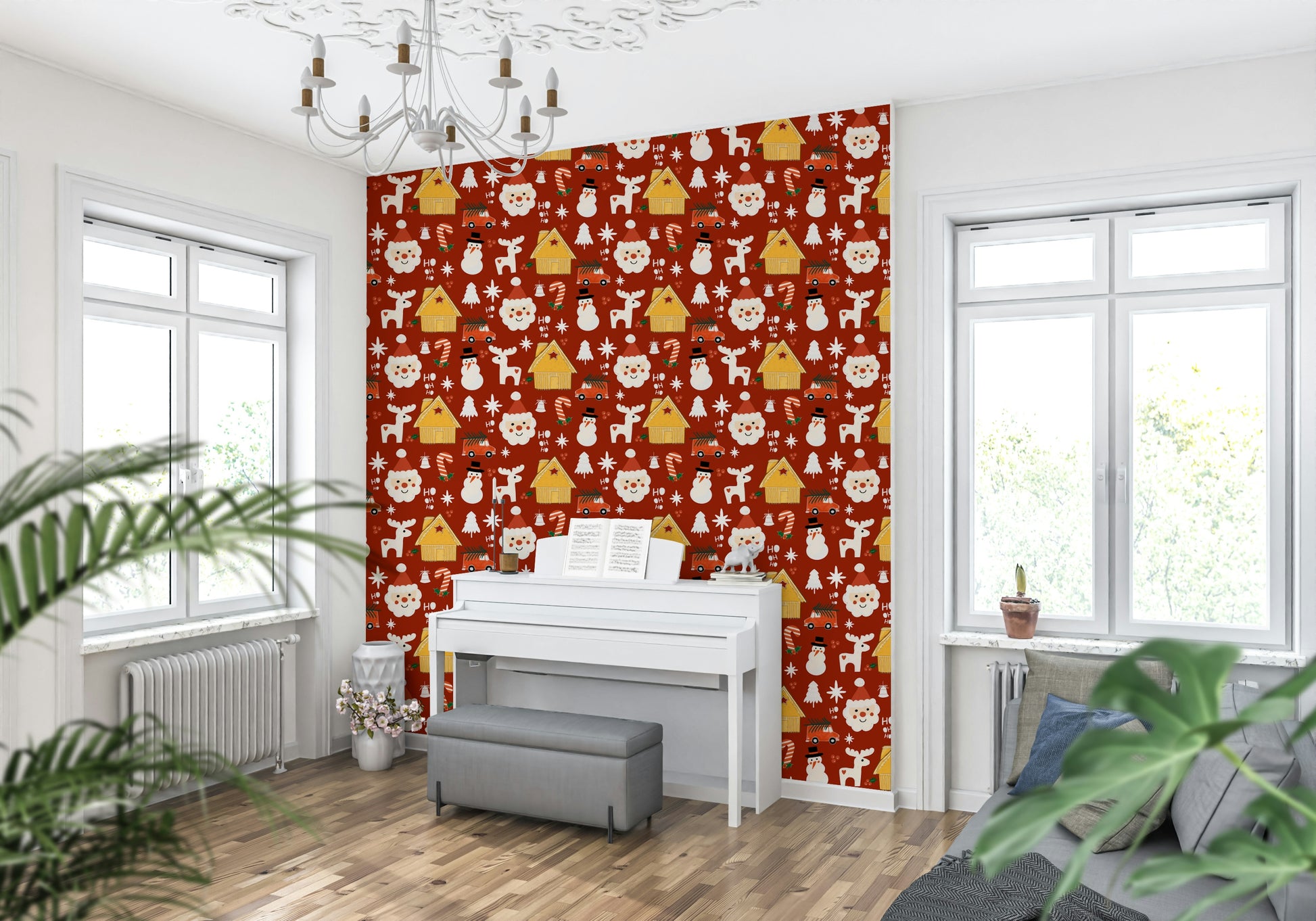 Vintage-style Christmas wallpaper with repeating cabins, candy canes, snowflakes, and cheerful holiday icons.