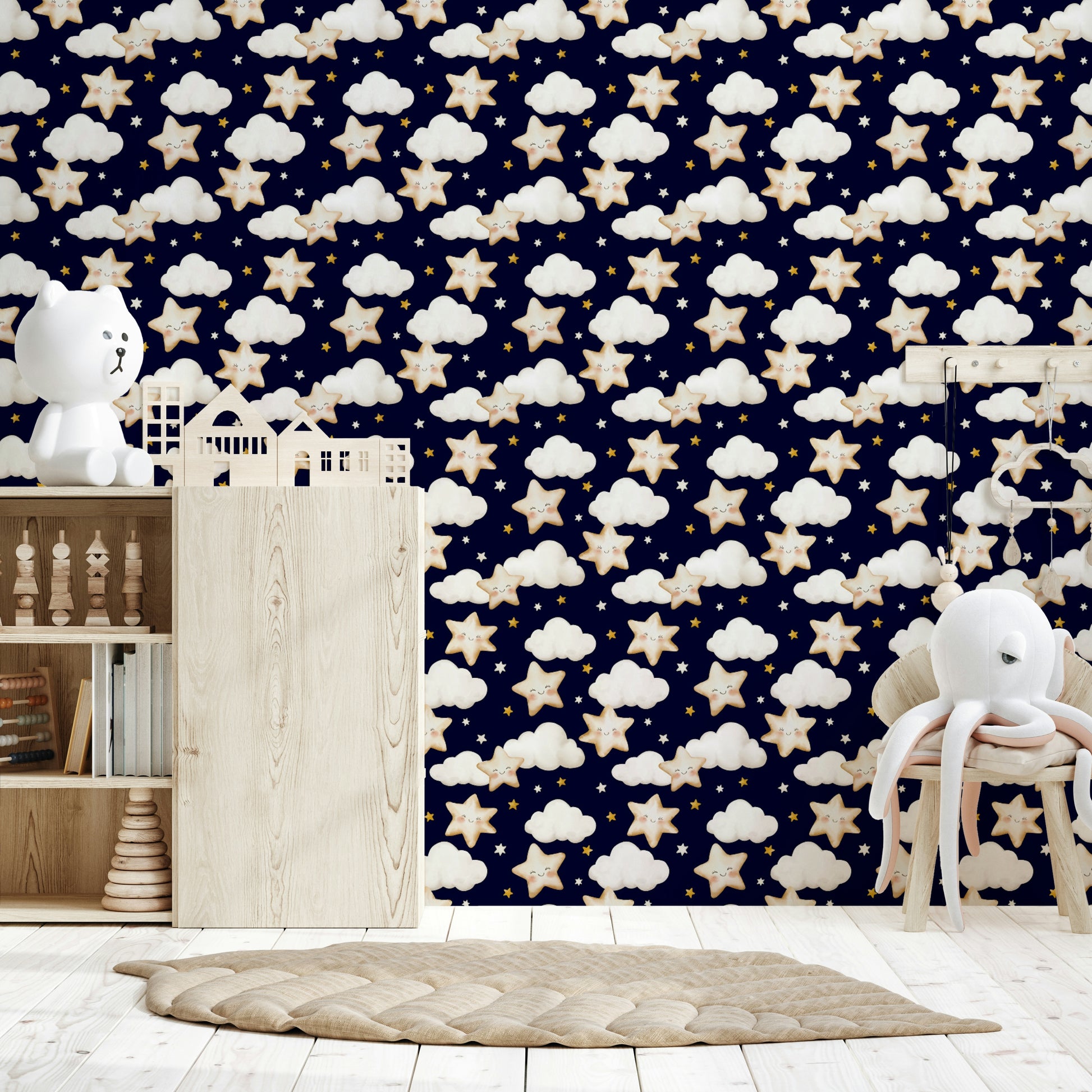 A charming kids’ wallpaper with repeating clouds and smiling stars in a cozy nighttime theme.