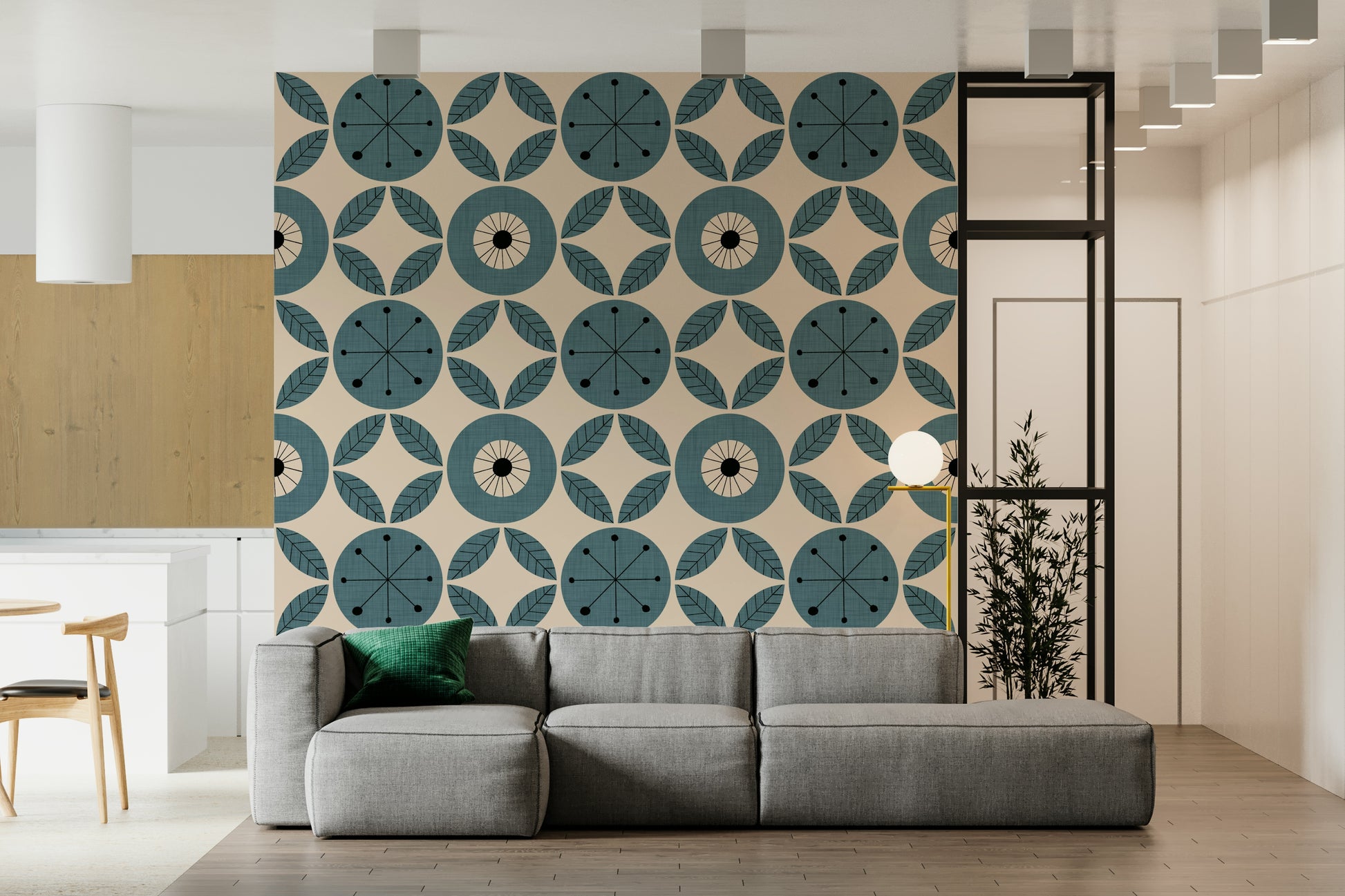 Mid-century modern teal wallpaper with radial geometric circles and repeating leaf patterns.
