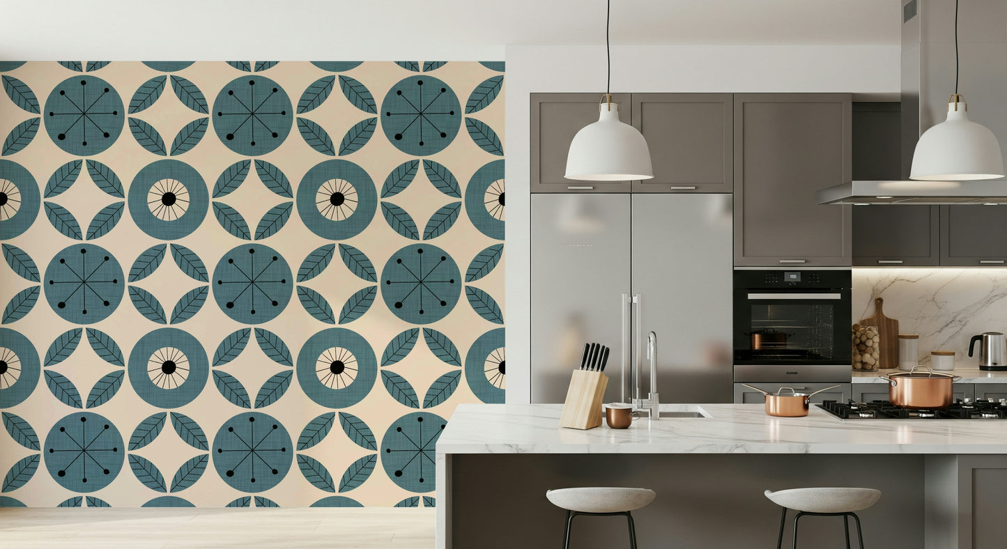 A repeating teal pattern wallpaper featuring stylized circular designs with dotted centers.