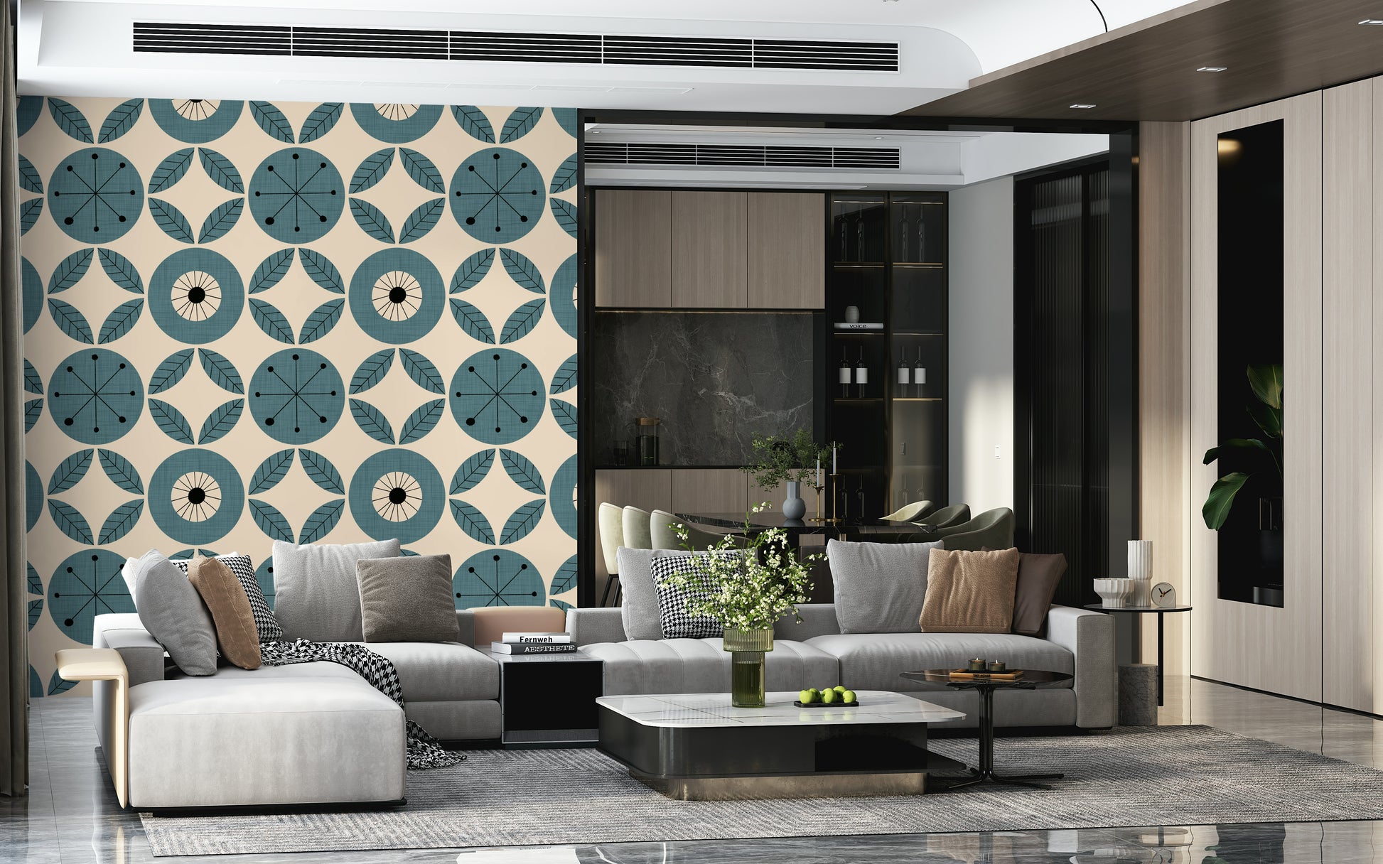 Vintage-inspired teal circles and leaf motifs forming a harmonious geometric wallpaper pattern.