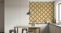 Chic vintage wallpaper with mustard diamond interweaves and minimalist star details.