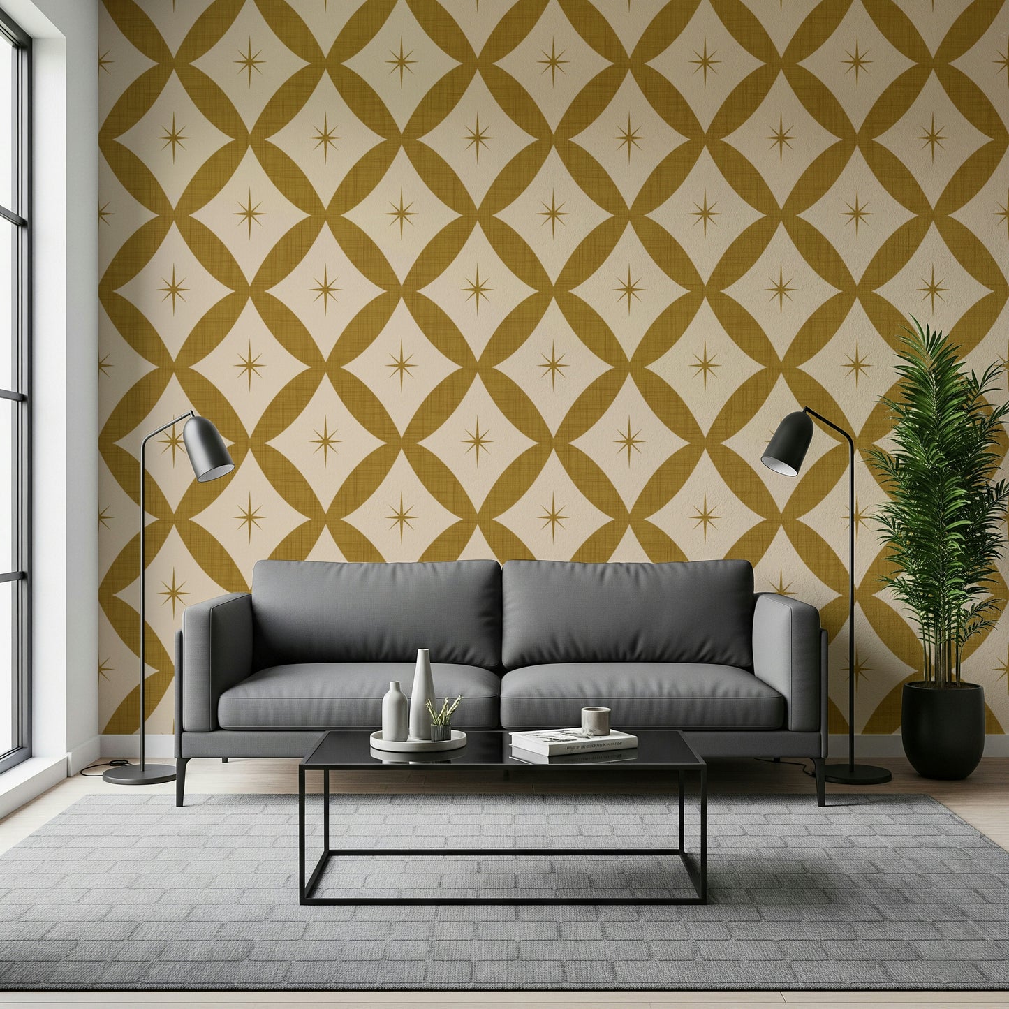 Golden star lattice wallpaper featuring mustard diamond loops with small starburst motifs.