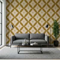 Golden star lattice wallpaper featuring mustard diamond loops with small starburst motifs.