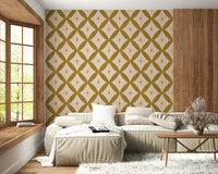 Vintage geometric wallpaper showcasing mustard lattice patterns paired with subtle starbursts.