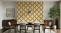 Patterned wallpaper showcasing symmetrical mustard diamond loops and star embellishments.