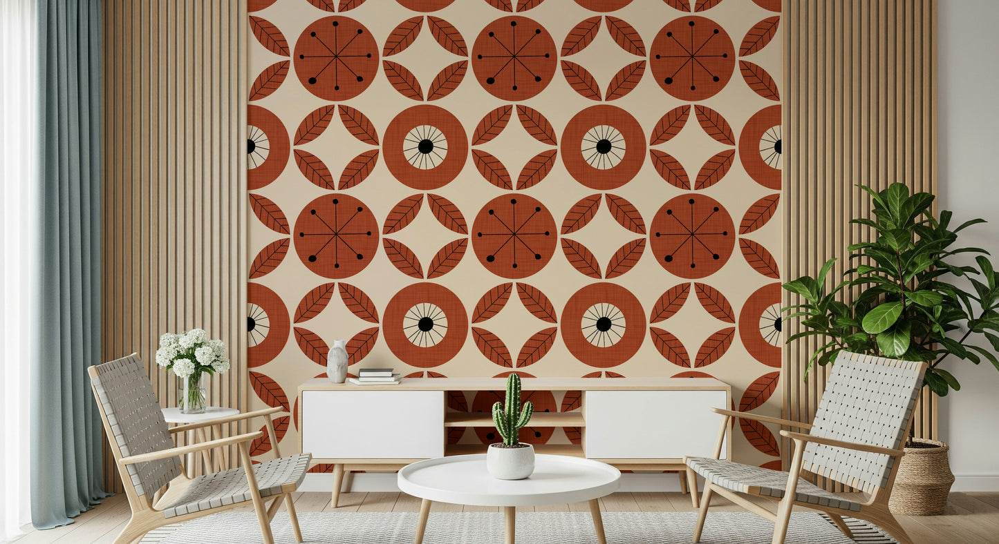 Vintage-inspired wallpaper showcasing circular flower designs with radiating dot patterns.