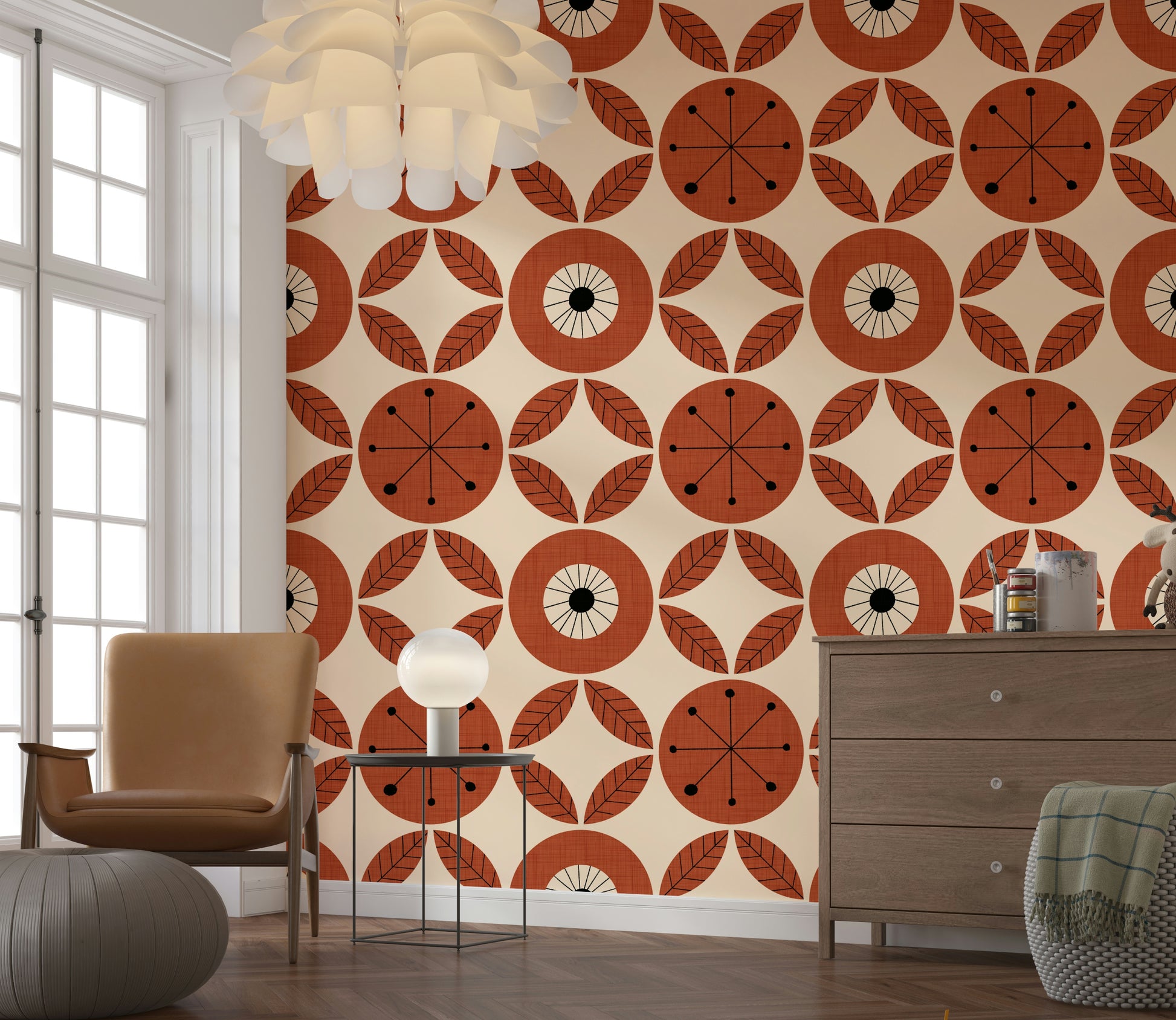 Bold floral wallpaper featuring abstract mid-century flowers and leaf clusters in earthy hues.